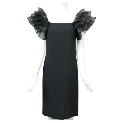 Pre-owned Hanae Mori Black Crepe Dress With Ruffled Sleeves