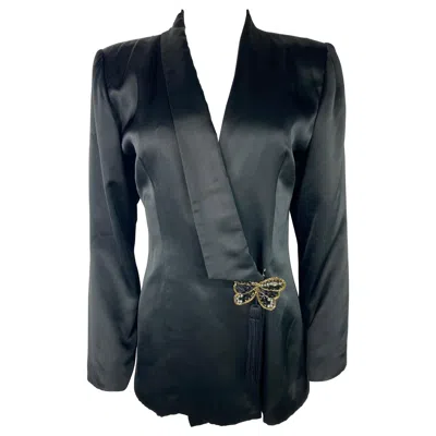 Pre-owned Hanae Mori Boutique Black Silk Blazer Jacket, Size Small