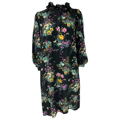 Pre-owned Hanae Mori Paris Black And Multi Colored Silk Mini Dress, Size Small
