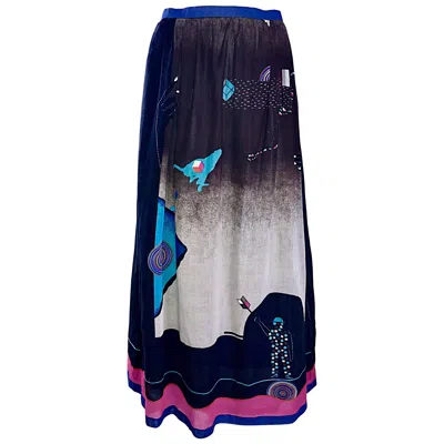 Pre-owned Hanae Mori Rare 1970s  Surrealist Futuristic Print Vintage 70s Maxi Skirt In Black