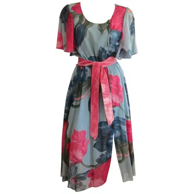 Pre-owned Hanae Mori Reds & Blue Floral Printed Dress 1980s Vintage