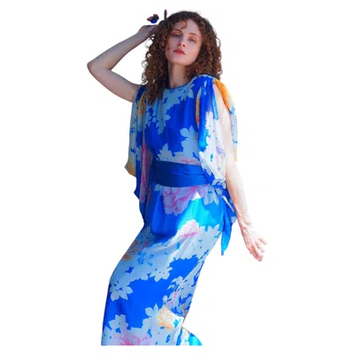 Pre-owned Hanae Mori Silk Kimono Sleeve Dress In Blue
