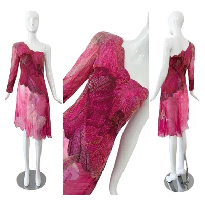 Pre-owned Hanae Mori Vintage Silk Hand Beaded One Shoulder Vibrant Cocktail Dress Feather In Pink