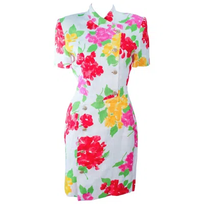 Pre-owned Hanae Mori White Floral Linen Dress With Gold Buttons Size 6 8