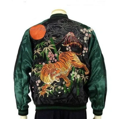Pre-owned Hanatabi Gakudan Japanese Sukajan Jacket  Reversible Tiger Embroidery Japan In Black Green