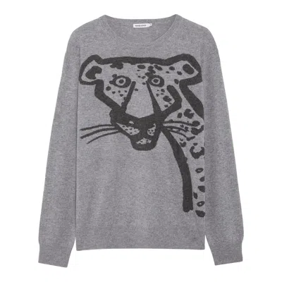 Hand And Jones Men's Grey Cashmere Intarsia Leopard Sweater - Charcoal And Mineral