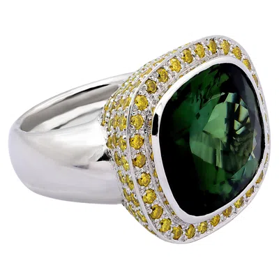 Pre-owned Hand Made 18kt White Gold Ring 21.4ct Natural Tourmaline 137 Diamonds 3.30ct Cgl Certified