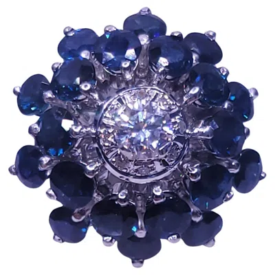Pre-owned Hand Made Art Deco Sapphire & Diamond Cluster Ring In 18k White Gold
