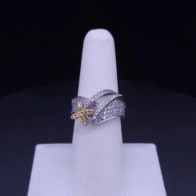 Pre-owned Hand Made Aurora Pavé Diamond Crossover Ring In 14k White Gold With Yellow & White Diamond