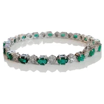 Pre-owned Hand Made Colombian Emerald Bracelet With Diamonds In 14k White Gold