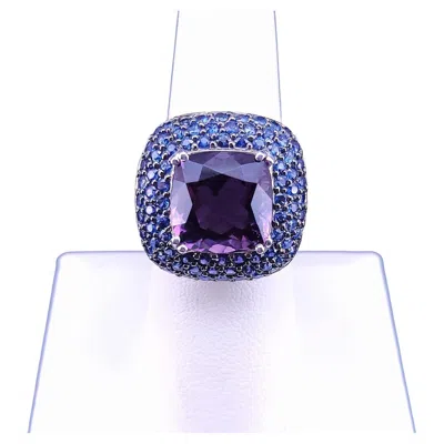Pre-owned Hand Made Cushion-cut Amethyst & Blue Sapphire Halo Cocktail Ring In 14k White Gold