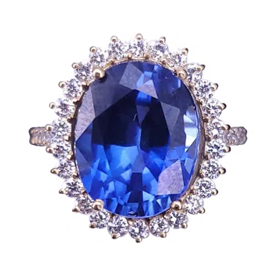 Pre-owned Hand Made Custom Made 14k Yellow Gold 4.20ct Oval Sapphire Diamond Halo Ring