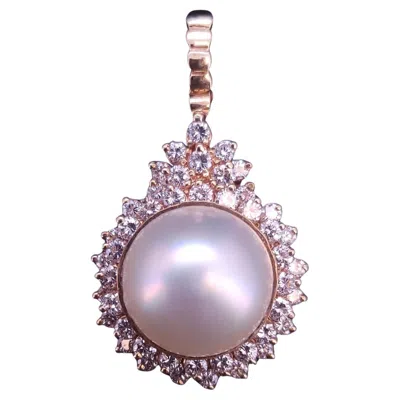 Pre-owned Hand Made Custom Made 14k Yellow Gold Pearl Pendant With 2.20ct Diamond, Women's