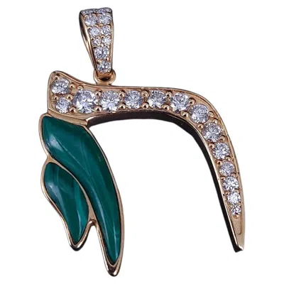 Pre-owned Hand Made Custom Made Chai Pendant In 14k Yellow Gold With Diamonds And Malachite