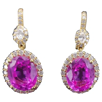 Pre-owned Hand Made Custom Made Earrings With Pink Sapphire & Diamonds In 14k Yellow Gold