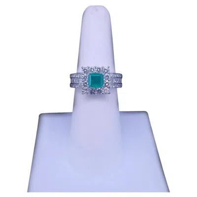 Pre-owned Hand Made Custom Made Emerald & Round Brilliant Diamond Cluster Ring In 18k White Gold
