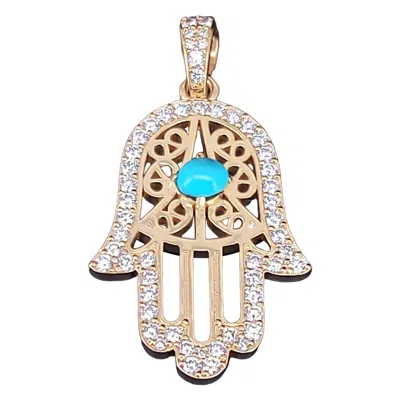 Pre-owned Hand Made Custom Made Hamza Hand Pendant With Diamonds & Turquoise In 14k Yellow Gold