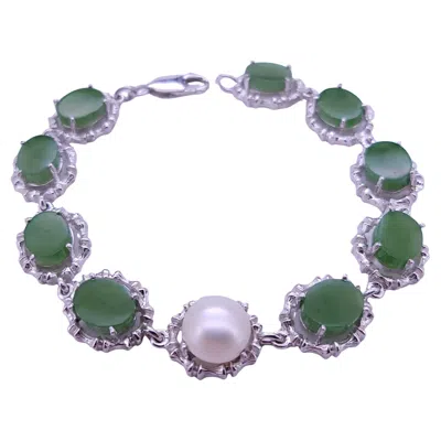 Pre-owned Hand Made Custom Made Link Bracelet With Nephrite & Single White Pearl In 14k White Gold