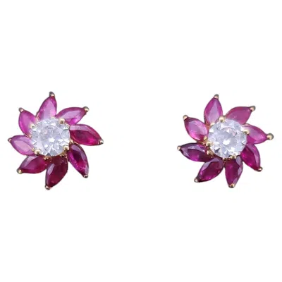 Pre-owned Hand Made Custom Made Studs Earrings With Ruby & Diamonds In 14k Yellow Gold