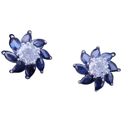Pre-owned Hand Made Custom Made Studs Earrings With Sapphire & Diamonds In 14k White Gold