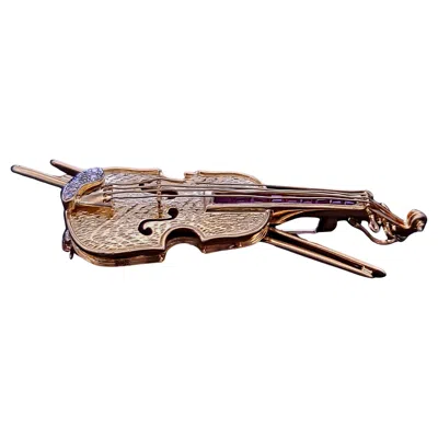 Pre-owned Hand Made Custome Made Vintage 18k Yellow Gold Violin Brooch With Ruby & Diamonds