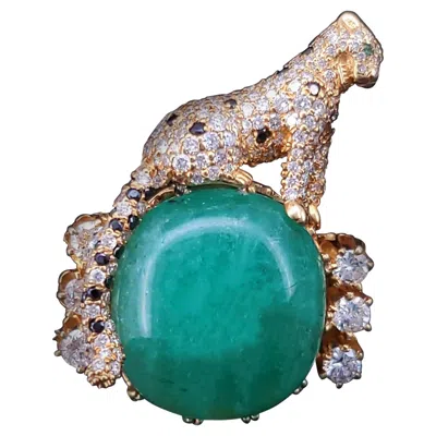 Pre-owned Hand Made Custom-made Antique Jade, Diamond & Sapphire Leopard Pin In 18k Yellow Gold