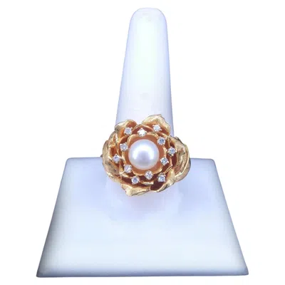 Pre-owned Hand Made Custom-made Golden Blossom Pearl & Diamond Ring In 14k Yellow Gold