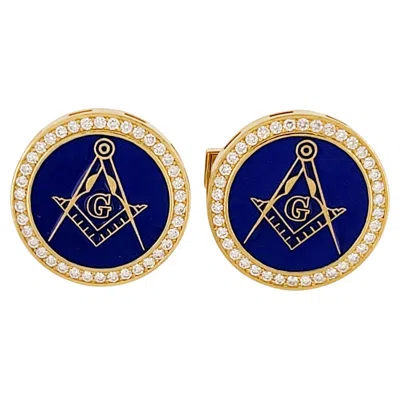 Pre-owned Hand Made Enamel Roya Blue Masons Cufflinks 14k Yellow Gold With Diamonds