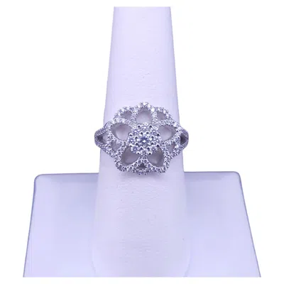 Pre-owned Hand Made Floral Diamond Cluster Filigree Ring In 18k White Gold