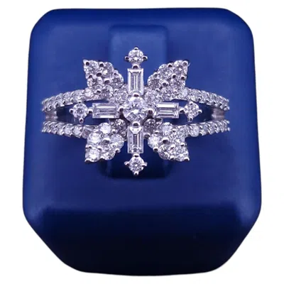 Pre-owned Hand Made Floral Diamond Cluster Ring With Baguette Accents In 14k White Gold