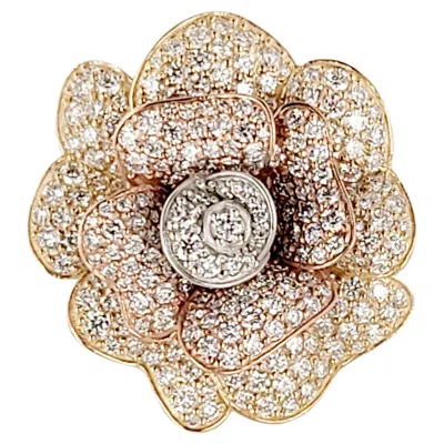 Pre-owned Hand Made Hand-made 14k Try Color Flower Ring With Diamonds In Multi