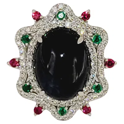 Pre-owned Hand Made Hand-made Star Sapphire Ruby Emerald Diamond 14k White Gold Ring Size 5.75