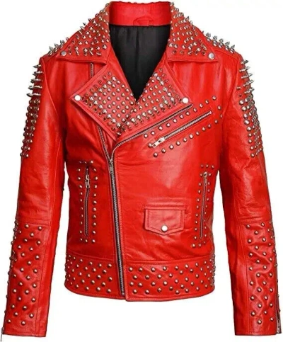 Pre-owned Hand Made Men's Rock Punk Red Silver Spiked Studded Motorcycle Leather Biker Jacket.