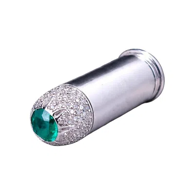 Pre-owned Hand Made Modern White Gold Bullet Pendant With Pavé Diamonds & Emerald