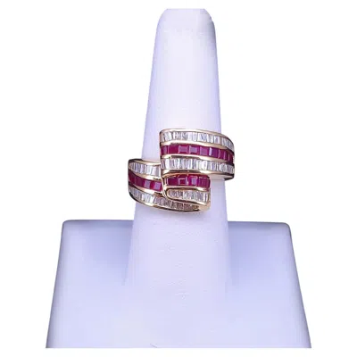 Pre-owned Hand Made Ribbon Bypass Ring With Diamonds & Ruby In 18k Yellow Gold