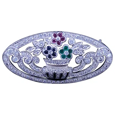 Pre-owned Hand Made Vintage Diamond Ruby Sapphire Emerald Floral Brooch In 18k White Gold