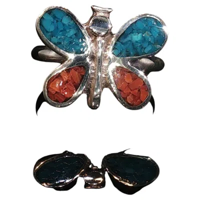 Pre-owned Hand Made Vintage Sterling Silver Butterfly Ring Turquoise Coral Inlay Size 5.25 Southwest In Red
