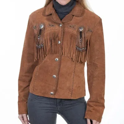 Pre-owned Hand Made Women's Fringes Motorcycle Beaded Accent Brown Sweet Leather Jacket.