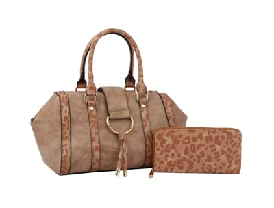 Handbag Factory Corp Women's Duffle Satchel Bag With Wallet Crossbody Strap In Leopard Stone In Multi