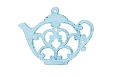 Handcrafted Cast Iron Rustic Dark Blue Whitewashed Cast Iron Round Teapot Trivet 8"