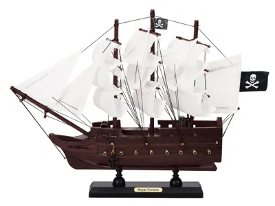 Handcrafted Cast Iron Wooden Black Bart's Royal Fortune White Sails Model Pirate Ship 12"