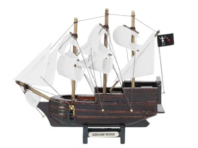 Handcrafted Cast Iron Wooden Blackbeard's Queen Anne's Revenge White Sails Model Pirate Ship 7"