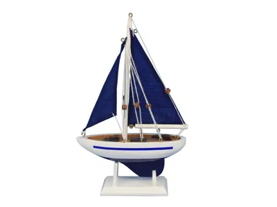 Handcrafted Cast Iron Wooden Blue Pacific Sailer With Blue Sails Model Sailboat Decoration 9"