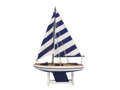 Handcrafted Cast Iron Wooden Decorative Sailboat Model With Blue Stripes 12"