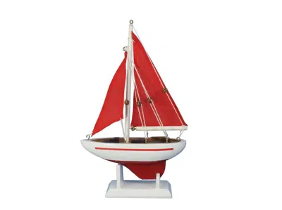 Handcrafted Cast Iron Wooden Red Pacific Sailer With Red Sails Model Sailboat Decoration 9"