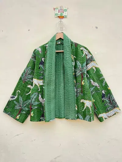 Pre-owned Handmade 10 Pcs  Kantha Quilt Short Jacket Kimono Women Wear Boho Tiger Kimono In Green