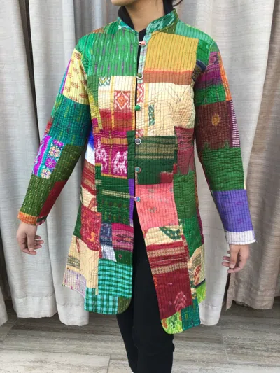 Pre-owned Handmade 10pc  Silk Quilted Jacket Assorted Patchwork Long Reversible Coat Blazer In Multicolor