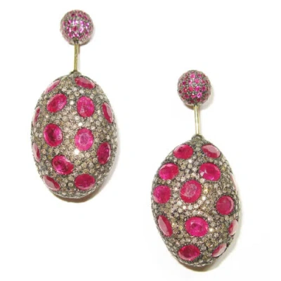 Pre-owned Handmade 14k Gold 925 Silver Diamond Ruby Double Sided Tunnel Earrings Women Jewelry In Red