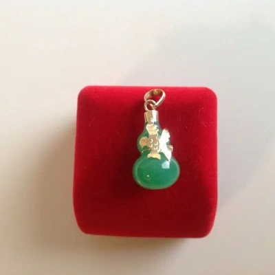 Pre-owned Handmade 14k Solid Yellow Gold Gourd Bottle B Green Jade Pendant