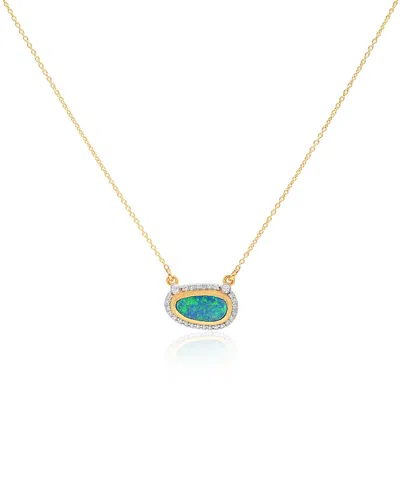 Pre-owned Handmade 14k Yellow Gold Opal Chain Natural Diamond Engagement Necklace For Women Jewelry